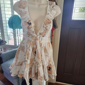 Angel Biba White and Tan Floral Backless Dress